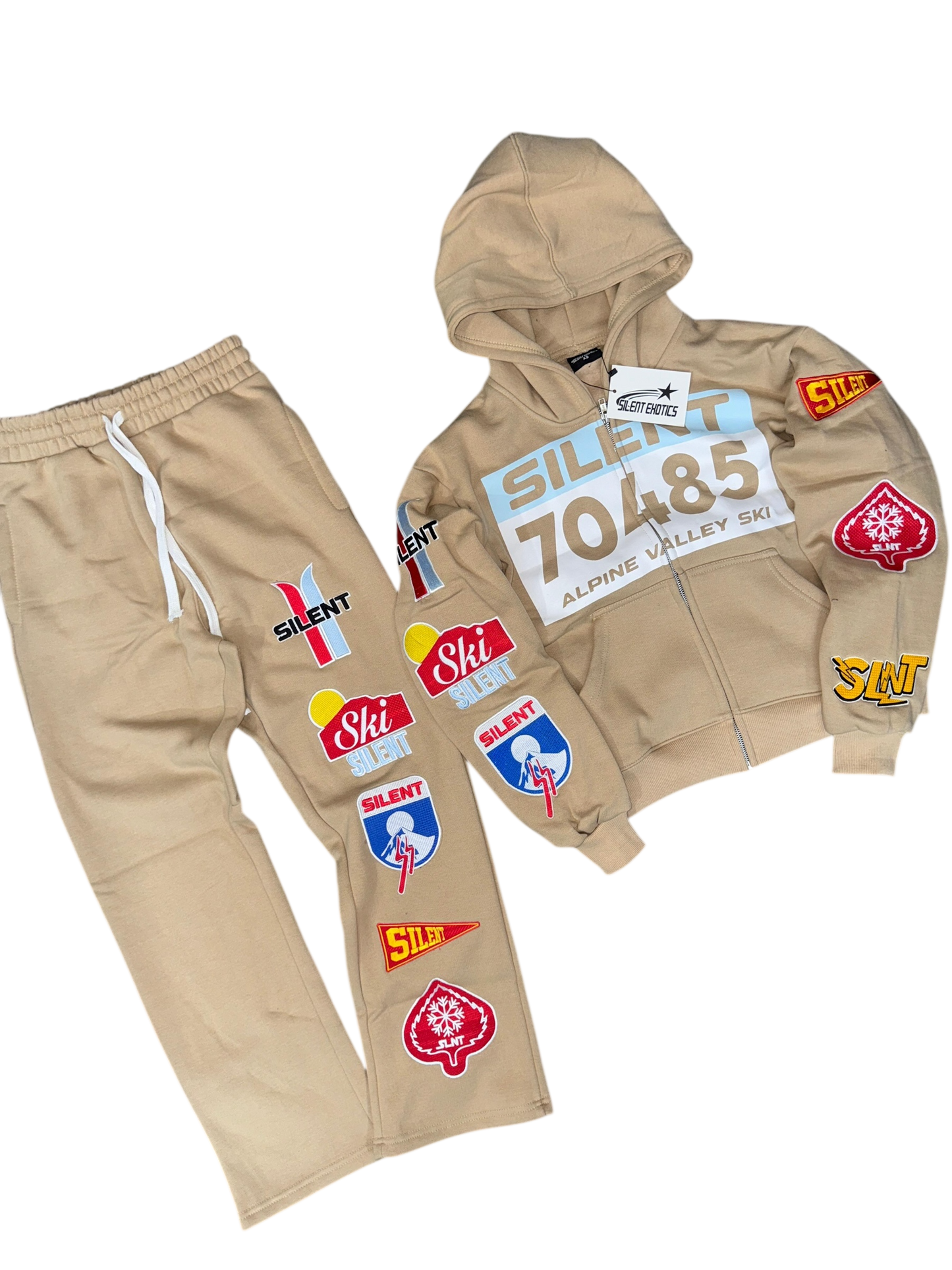 70485 TAN SET featuring a lightweight cotton hoodie and matching pants, perfect for any weather.